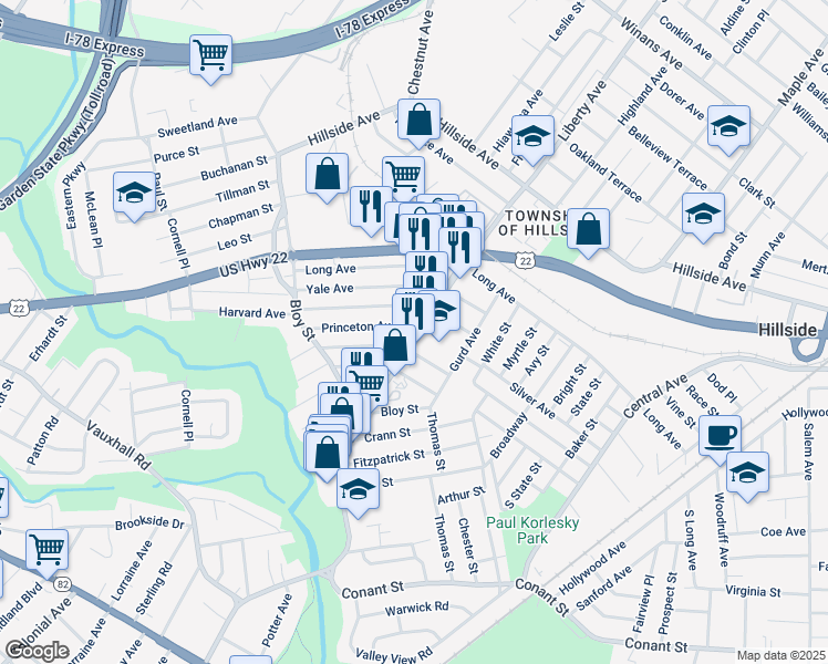 map of restaurants, bars, coffee shops, grocery stores, and more near 1255 Liberty Avenue in Hillside