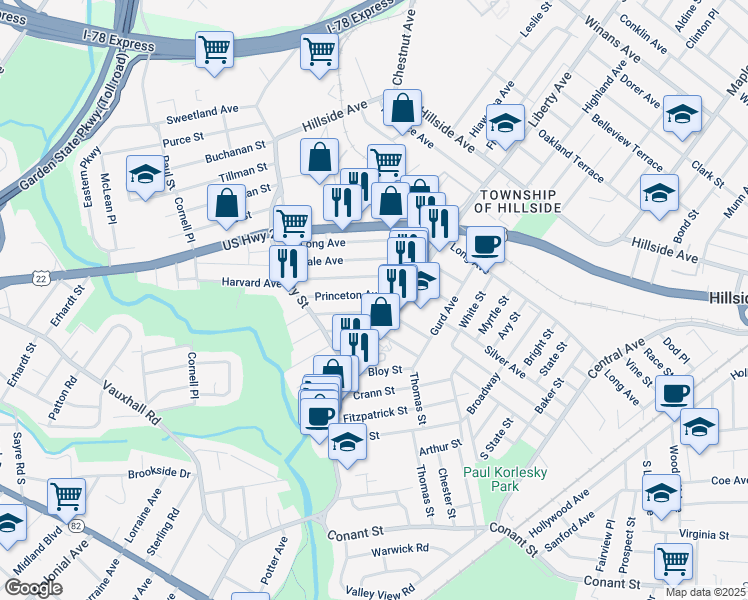 map of restaurants, bars, coffee shops, grocery stores, and more near 366 Rutgers Avenue in Hillside