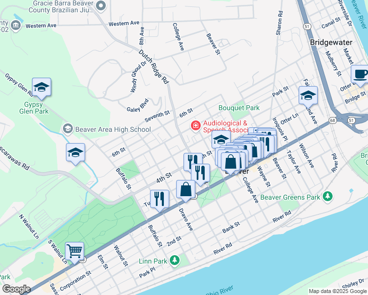 map of restaurants, bars, coffee shops, grocery stores, and more near 865 Canal Street in Beaver