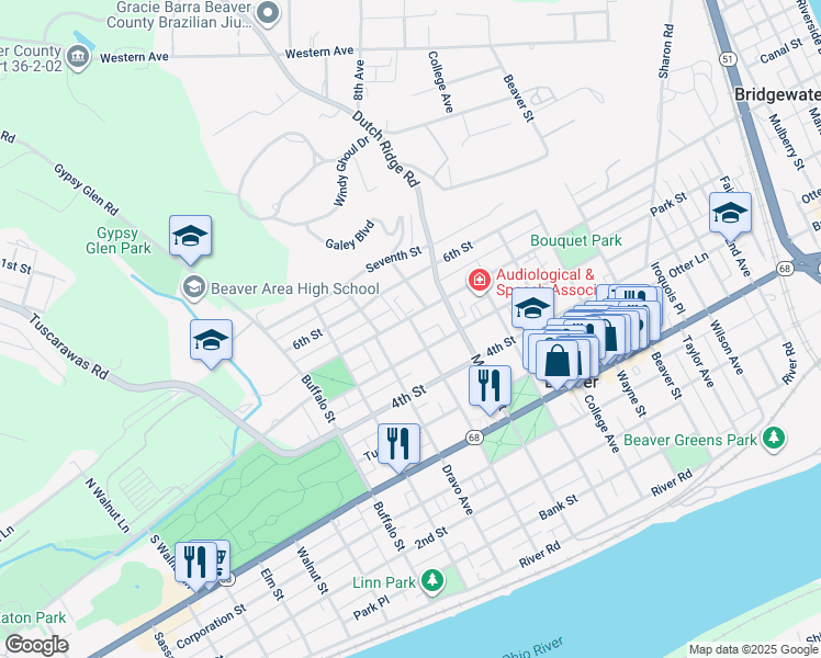 map of restaurants, bars, coffee shops, grocery stores, and more near 480 Dravo Avenue in Beaver