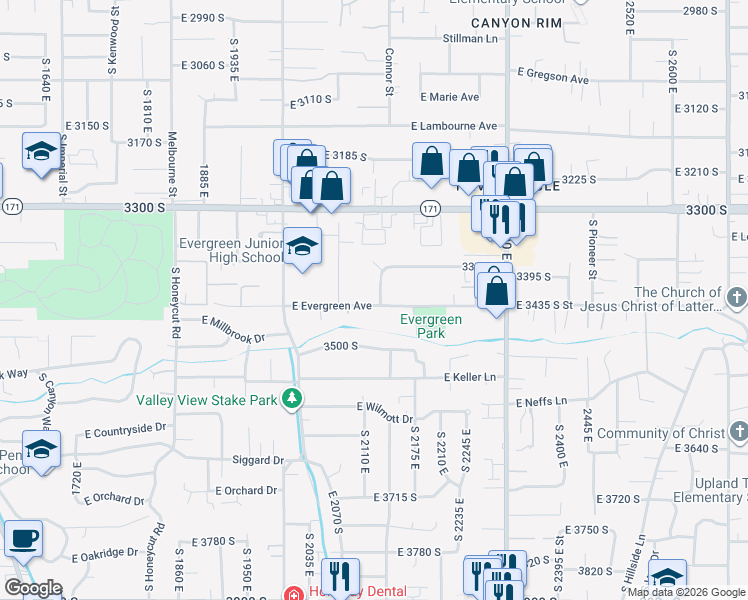 map of restaurants, bars, coffee shops, grocery stores, and more near 2144 East Evergreen Avenue in Salt Lake City