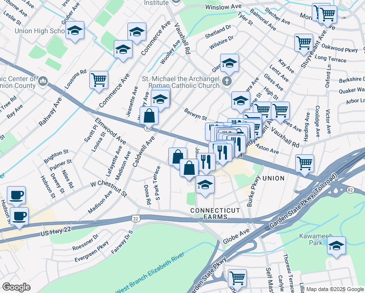 map of restaurants, bars, coffee shops, grocery stores, and more near 979 Union Terrace in Union
