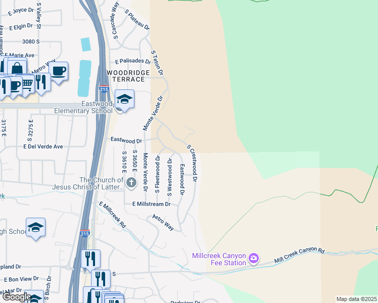 map of restaurants, bars, coffee shops, grocery stores, and more near 3426 South Crestwood Drive in Salt Lake City