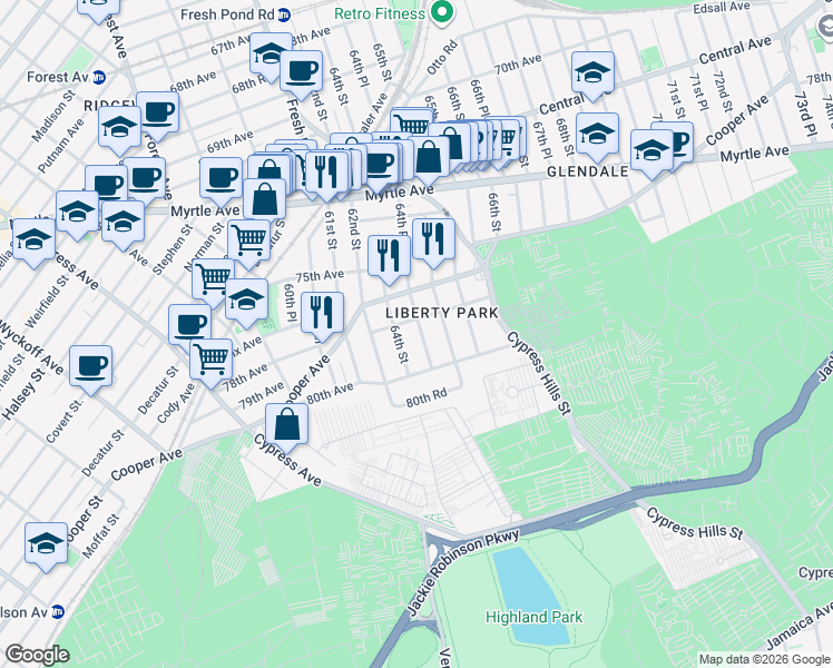 map of restaurants, bars, coffee shops, grocery stores, and more near 78-20 64th Street in Queens