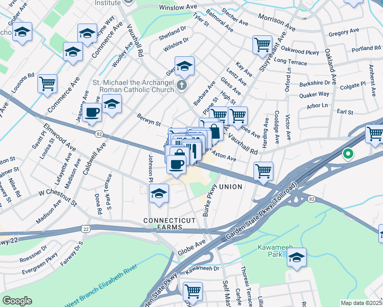 map of restaurants, bars, coffee shops, grocery stores, and more near 1001 Stuyvesant Avenue in Union