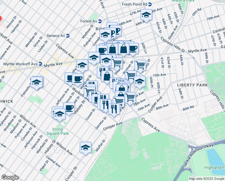 map of restaurants, bars, coffee shops, grocery stores, and more near 10-76 Cypress Avenue in Queens