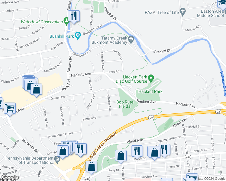 map of restaurants, bars, coffee shops, grocery stores, and more near 2116 Gruver Avenue in Easton