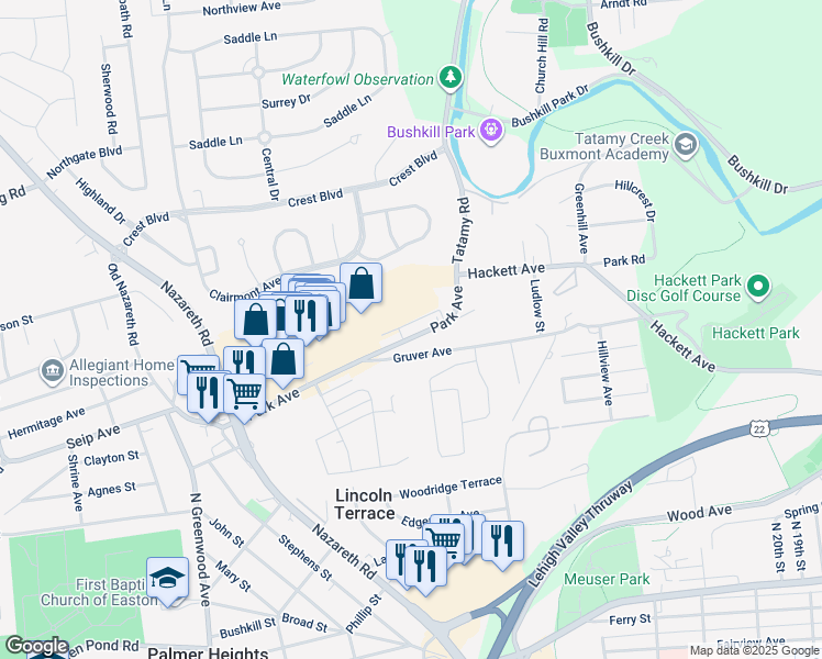 map of restaurants, bars, coffee shops, grocery stores, and more near 2337 Park Avenue in Easton