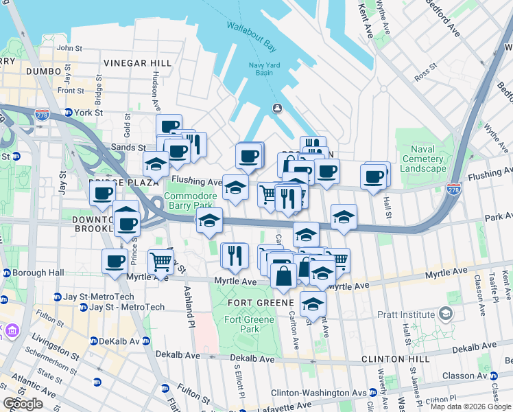 map of restaurants, bars, coffee shops, grocery stores, and more near 38 Cumberland Street in Brooklyn