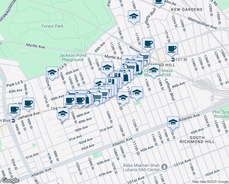 map of restaurants, bars, coffee shops, grocery stores, and more near 11014 Jamaica Avenue in Queens