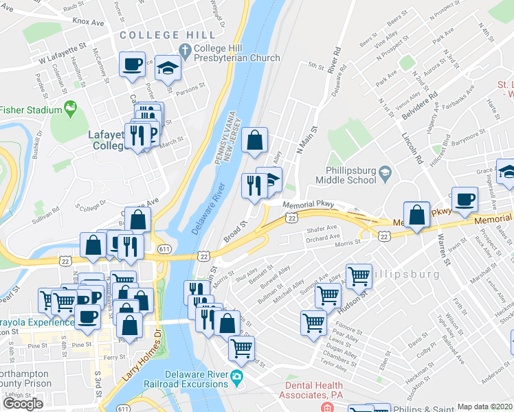map of restaurants, bars, coffee shops, grocery stores, and more near 41 3rd Street in Phillipsburg