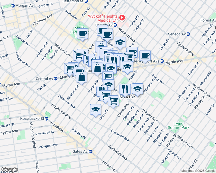 map of restaurants, bars, coffee shops, grocery stores, and more near 155 Bleecker Street in Brooklyn