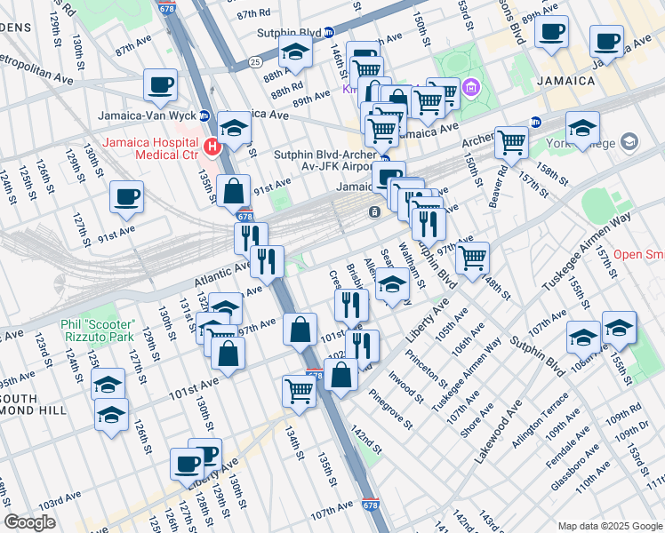 map of restaurants, bars, coffee shops, grocery stores, and more near 95-18 Cresskill Place in Queens