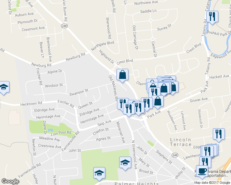 map of restaurants, bars, coffee shops, grocery stores, and more near 3033 Old Nazareth Road in Easton