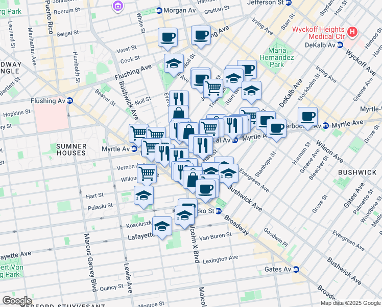 map of restaurants, bars, coffee shops, grocery stores, and more near 717 Bushwick Avenue in Brooklyn