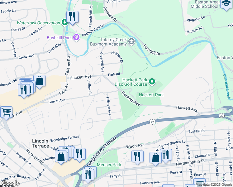 map of restaurants, bars, coffee shops, grocery stores, and more near 2100 Gruver Avenue in Easton