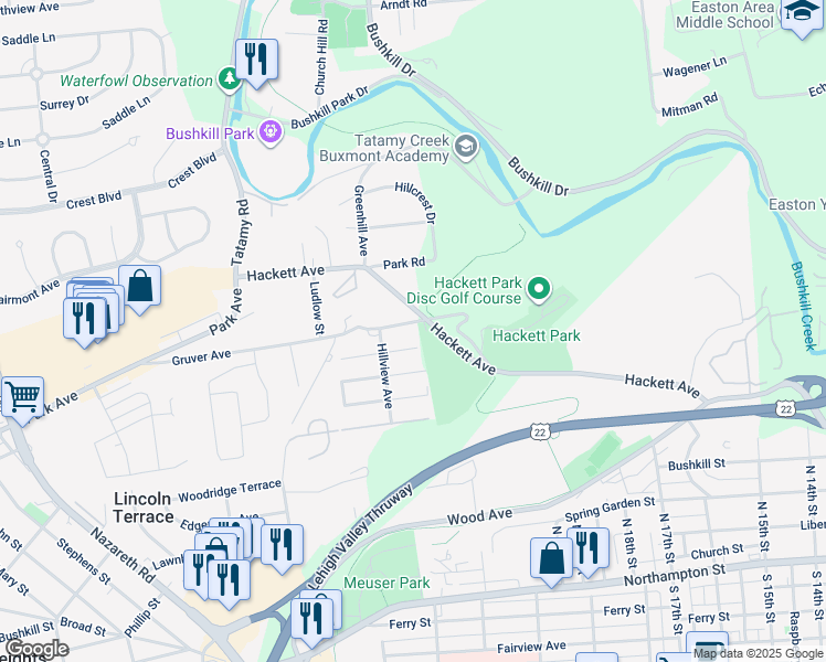 map of restaurants, bars, coffee shops, grocery stores, and more near 2100 Gruver Avenue in Easton