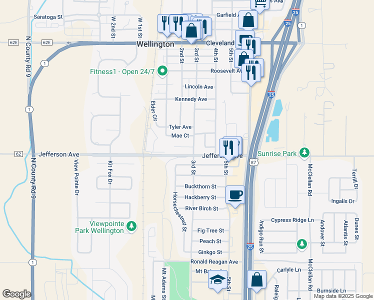 map of restaurants, bars, coffee shops, grocery stores, and more near 3774 Beech Tree Street in Wellington