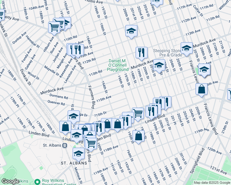 map of restaurants, bars, coffee shops, grocery stores, and more near 194-40 115th Avenue in Queens