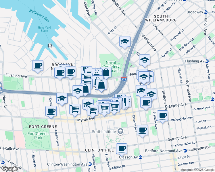 map of restaurants, bars, coffee shops, grocery stores, and more near 35 Ryerson Street in Brooklyn