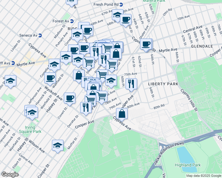 map of restaurants, bars, coffee shops, grocery stores, and more near 59-09 Saint Felix Avenue in Queens