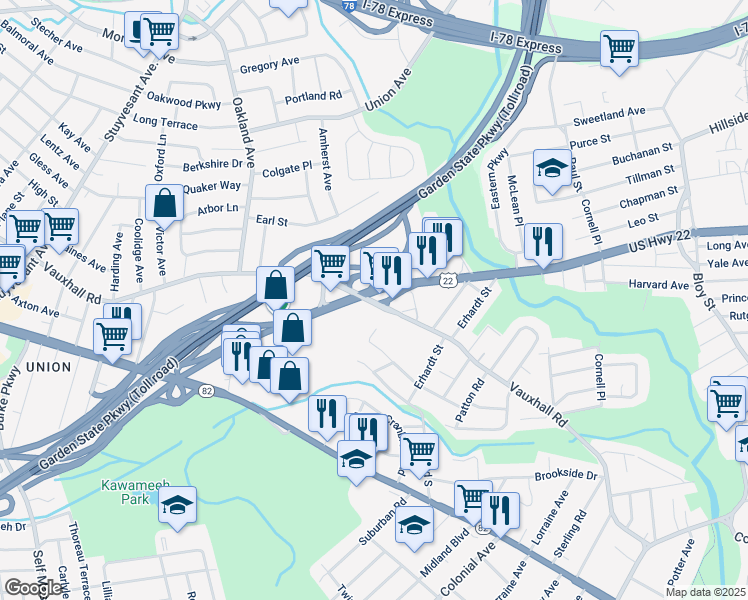 map of restaurants, bars, coffee shops, grocery stores, and more near 1653 Vauxhall Road in Union
