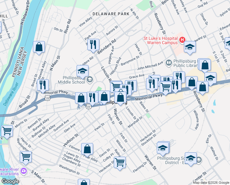 map of restaurants, bars, coffee shops, grocery stores, and more near in Phillipsburg