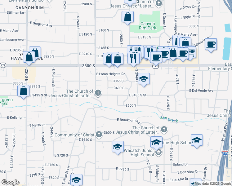 map of restaurants, bars, coffee shops, grocery stores, and more near 2803 East Evergreen Avenue in Salt Lake City