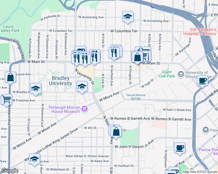 map of restaurants, bars, coffee shops, grocery stores, and more near 906 W Bradley Ave in Peoria