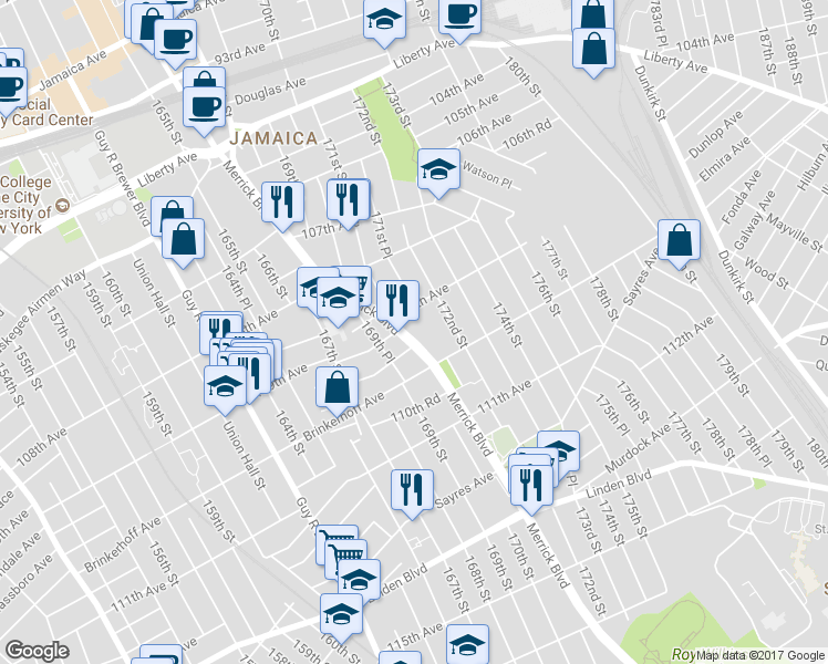 map of restaurants, bars, coffee shops, grocery stores, and more near 109-15 Merrick Boulevard in Queens