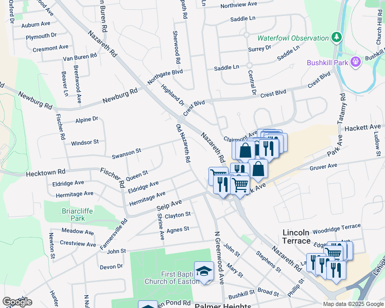 map of restaurants, bars, coffee shops, grocery stores, and more near 3033 Old Nazareth Road in Easton