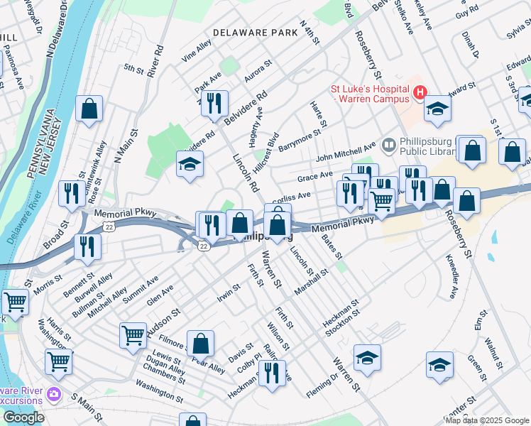 map of restaurants, bars, coffee shops, grocery stores, and more near 192 Lincoln Road in Phillipsburg