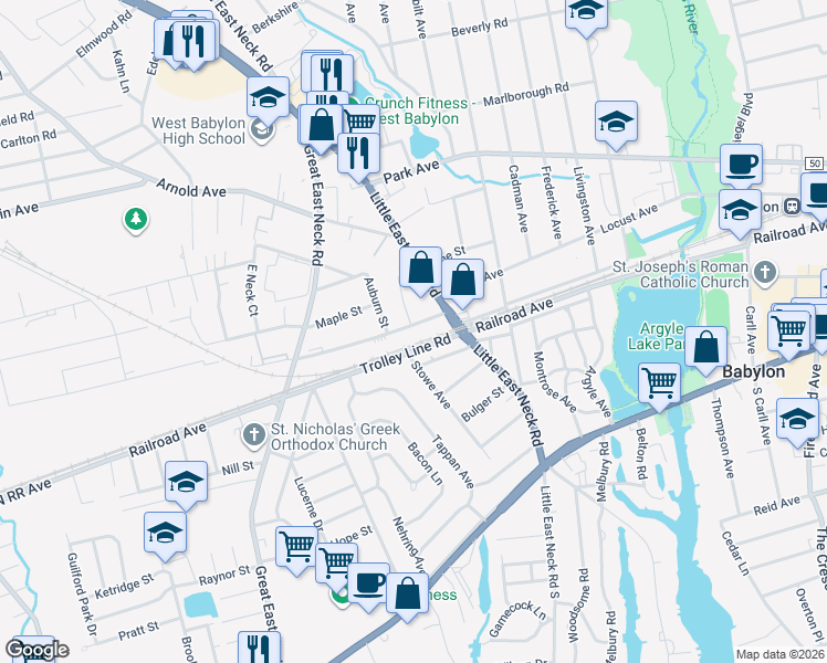 map of restaurants, bars, coffee shops, grocery stores, and more near 62 Evergreen Street in West Babylon
