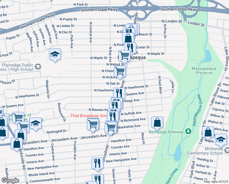map of restaurants, bars, coffee shops, grocery stores, and more near 855 North Broadway in Massapequa