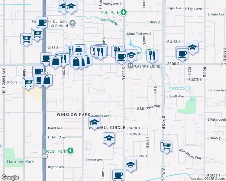 map of restaurants, bars, coffee shops, grocery stores, and more near 415 East Scott Avenue in South Salt Lake