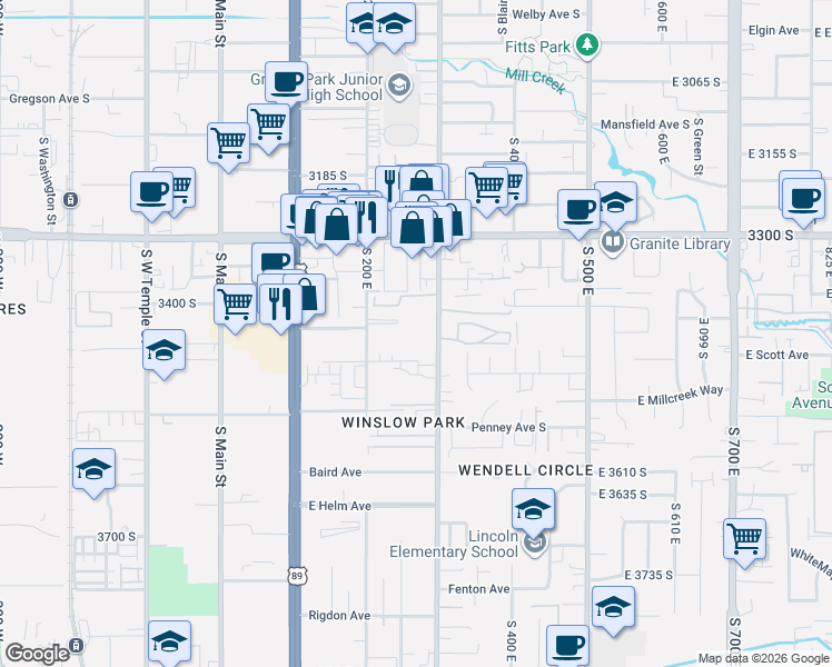 map of restaurants, bars, coffee shops, grocery stores, and more near 3465 South 200 East in South Salt Lake