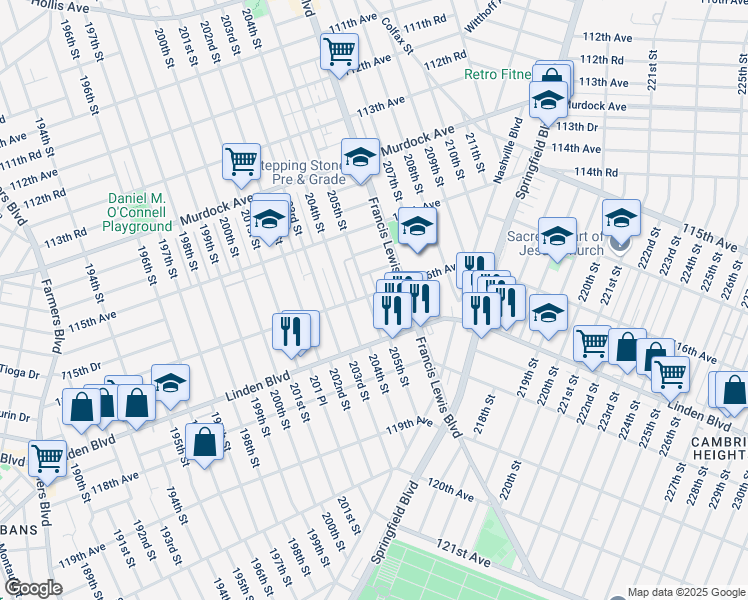 map of restaurants, bars, coffee shops, grocery stores, and more near 205-16 116th Road in Queens
