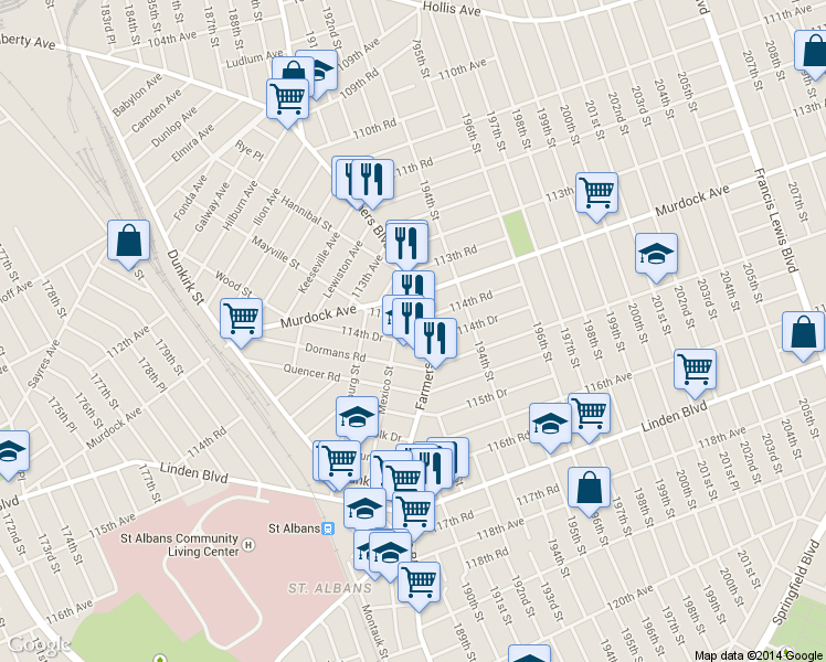 map of restaurants, bars, coffee shops, grocery stores, and more near in Queens