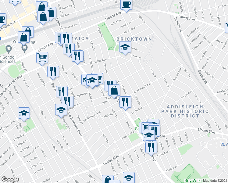 map of restaurants, bars, coffee shops, grocery stores, and more near 109-15 Merrick Boulevard in Queens