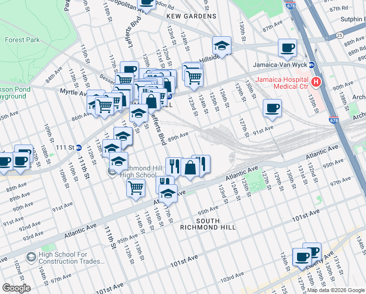 map of restaurants, bars, coffee shops, grocery stores, and more near 89-40 120th Street in Queens