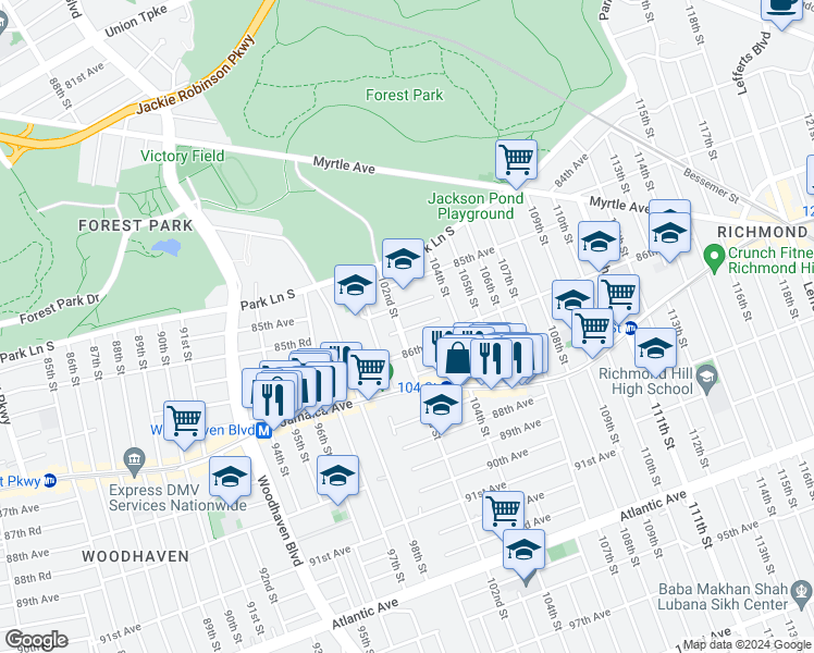 map of restaurants, bars, coffee shops, grocery stores, and more near 85-60 102nd Street in Queens