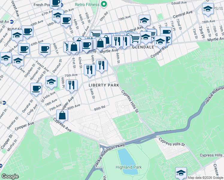 map of restaurants, bars, coffee shops, grocery stores, and more near 78-45 65th Street in Queens
