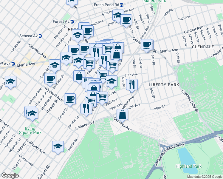 map of restaurants, bars, coffee shops, grocery stores, and more near 5852 Saint Felix Avenue in Queens