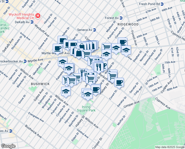 map of restaurants, bars, coffee shops, grocery stores, and more near 1484 Jefferson Avenue in Brooklyn