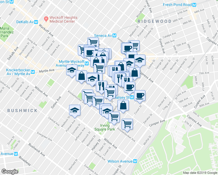 map of restaurants, bars, coffee shops, grocery stores, and more near 1484 Jefferson Avenue in Brooklyn