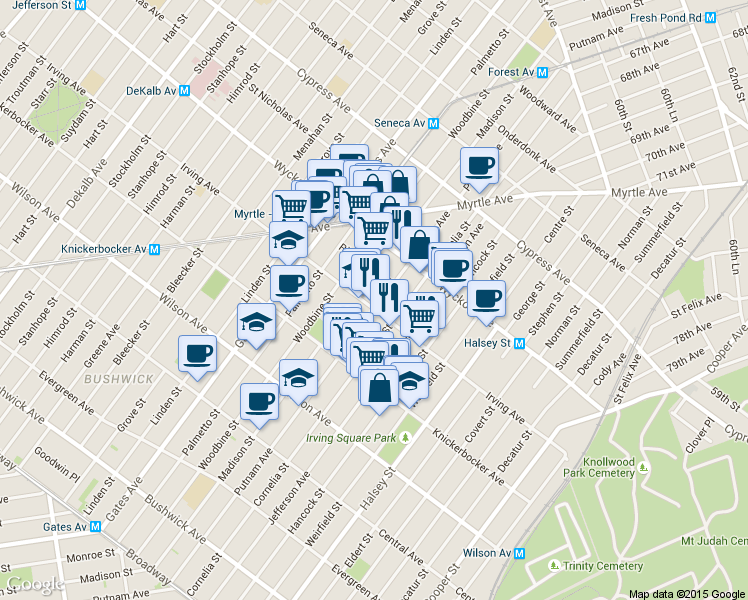 map of restaurants, bars, coffee shops, grocery stores, and more near 1428 Putnam Avenue in Brooklyn