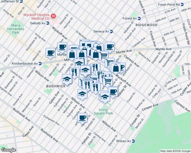 map of restaurants, bars, coffee shops, grocery stores, and more near 1428 Putnam Avenue in Brooklyn