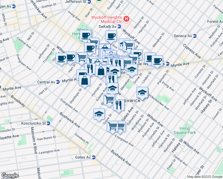 map of restaurants, bars, coffee shops, grocery stores, and more near 155 Bleecker Street in Brooklyn