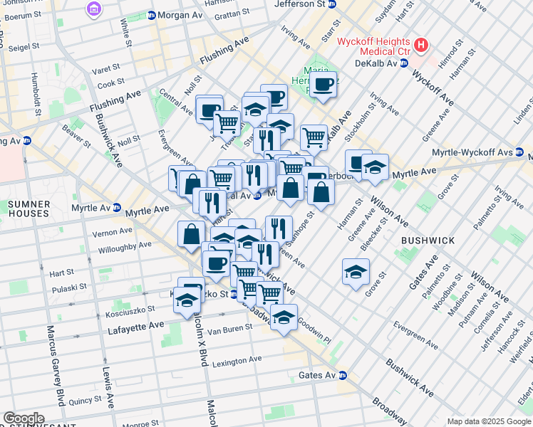 map of restaurants, bars, coffee shops, grocery stores, and more near 1235 Dekalb Avenue in Brooklyn