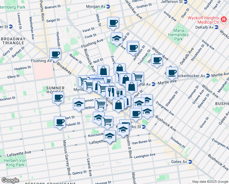 map of restaurants, bars, coffee shops, grocery stores, and more near 12 Ditmars Street in Brooklyn